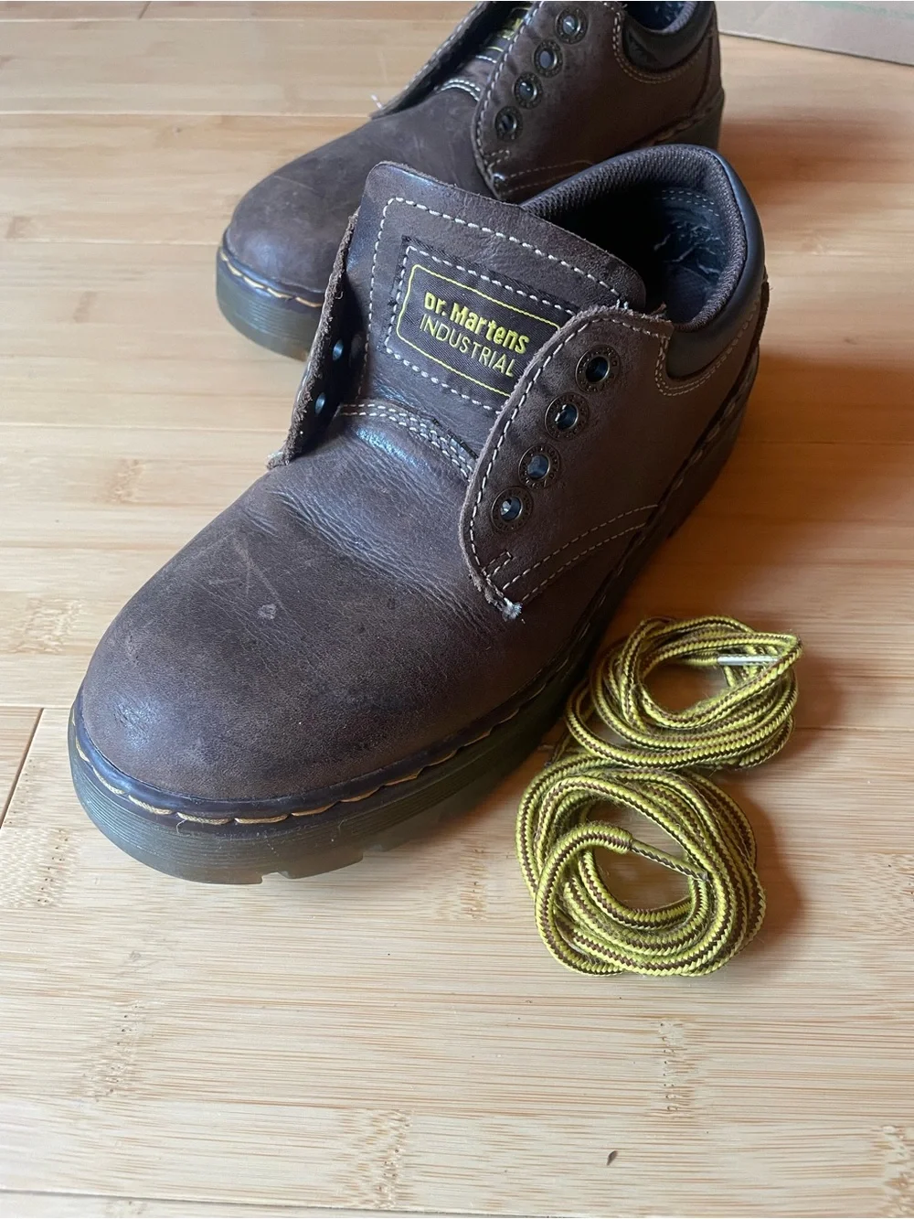 Dr. Martens Brown Leather Slip-On Oxfords with Yellow Stitching